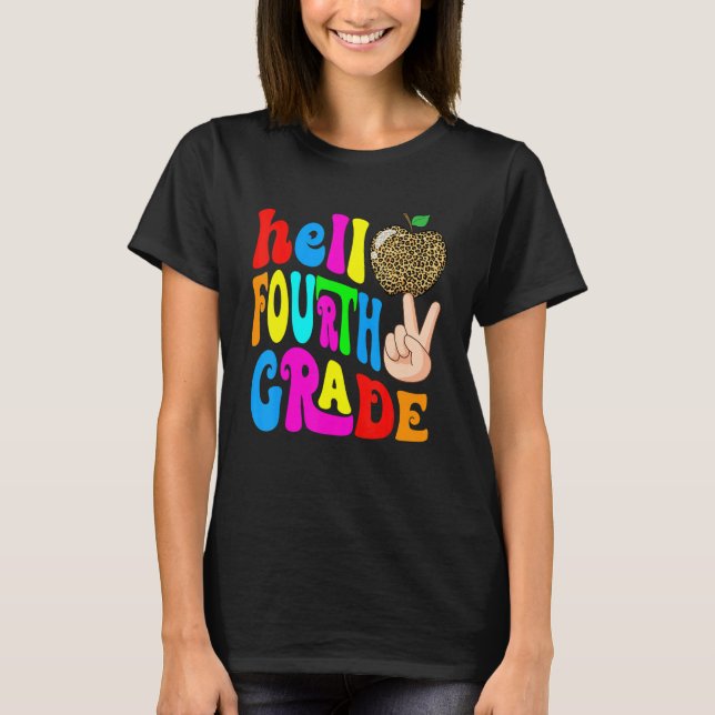 Camiseta Leopard Apple Hello 4th Grade Teacher Kids Back To (Anverso)