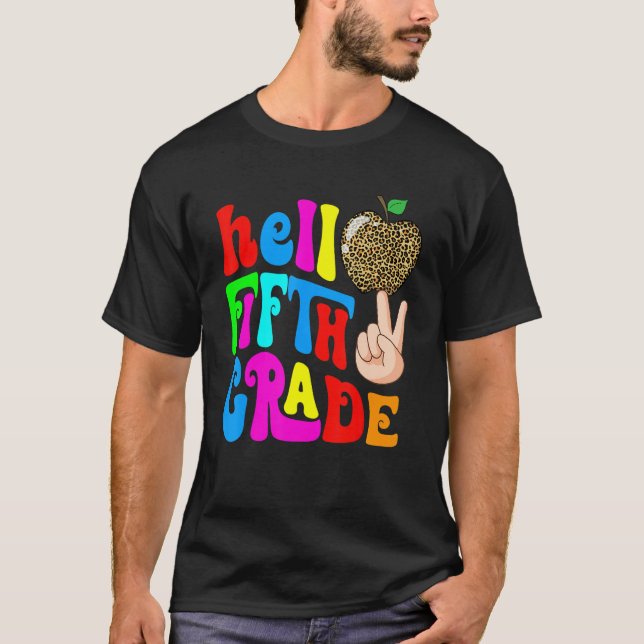 Camiseta Leopard Apple Hello 5th Grade Teacher Kids Back To (Anverso)