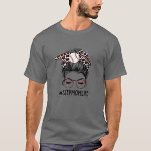 Camiseta Leopard Baseball Stepmom Life Messy Bun Game Day M