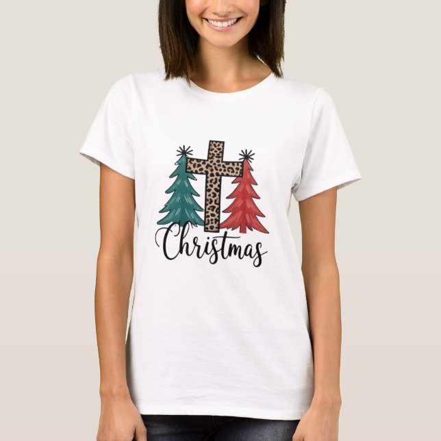 Camiseta Leopard Cross Christmas Trees Christian (Anverso)