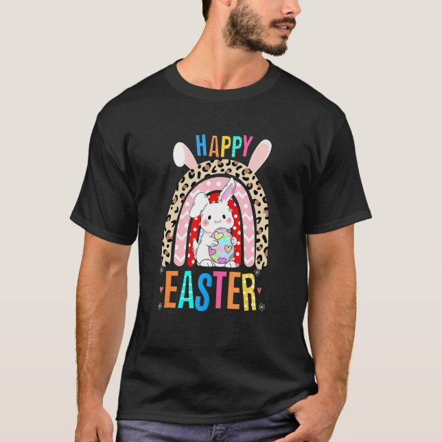 Camiseta Leopard Easter Rainbow Bunny Rabbit Trio Cute Happ (Anverso)