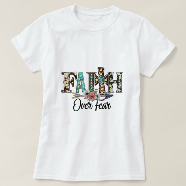 Camiseta Leopard Faith Over Fear Cross Flowers Western Chri (Diseño del anverso)