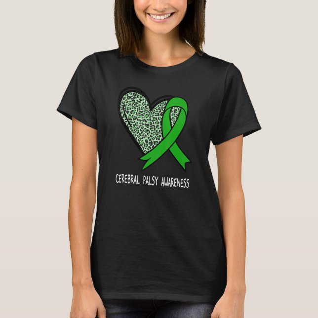 Camiseta Leopard Heart Cerebral Palsy Awareness Green Ribbo (Anverso)