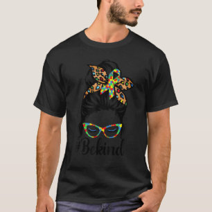 Camiseta Leopard Messy Bun Be Kind Ribbon Autism Awareness