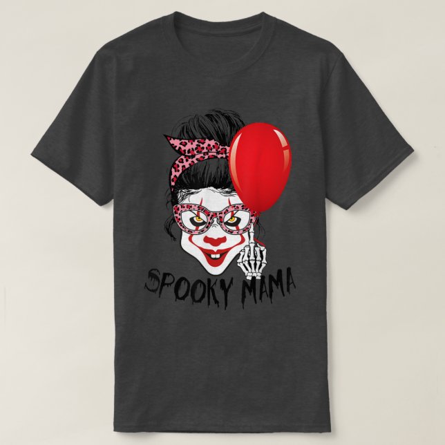 Camiseta Leopard Messy Bun Clown Spooky Mama Funny Hallowee (Diseño del anverso)