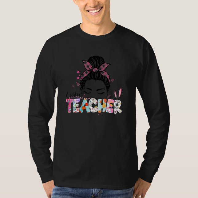 Camiseta Leopard Messy Bun One Hoppy Sped Teacher Bunny Eas (Anverso)