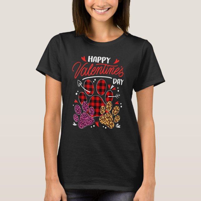 Camiseta Leopard Plaid Dog Cat Paw Print Happy Valentines D (Anverso)