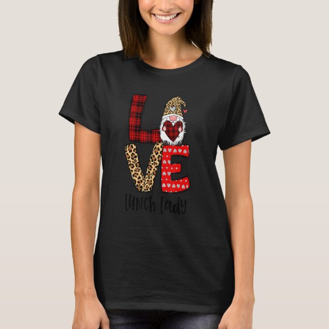 Camiseta Leopard Plaid Gnome Heart LOVE Lunch Lady Valentin (Anverso)