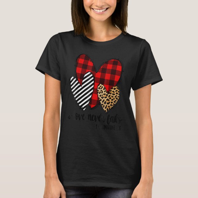 Camiseta Leopard & Plaid Print Heart Valentine Love Never (Anverso)