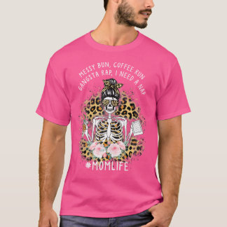 Camiseta Leopard Skull Lady Mom Life Messy Bun Café Run G
