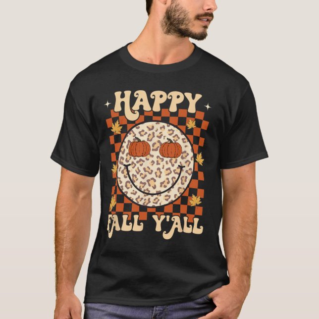 Camiseta Leopard Smile Face Happy Fall Y'all Retro Groovy A (Anverso)