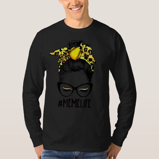 Camiseta Leopard Softball Meme Life Messy Bun Game Day Moth (Anverso)