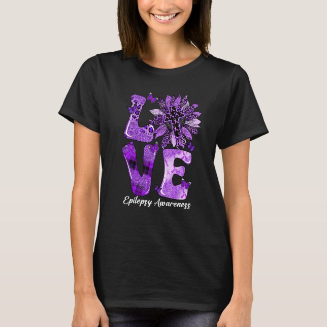 Camiseta Leopard Sunflower LOVE Purple Ribbon Epilepsy Awar (Anverso)