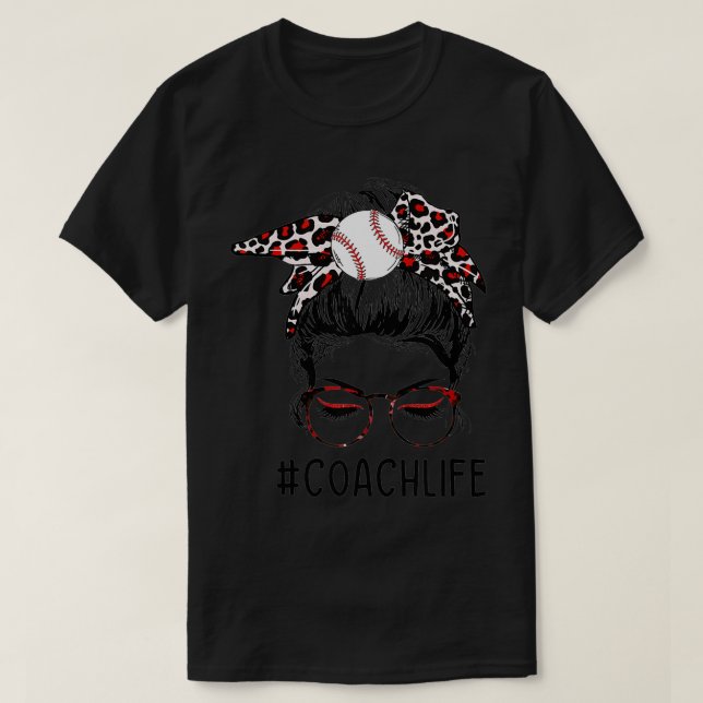 Camiseta Leopard TBall Coach Life Messy Bun Game Day Madre (Diseño del anverso)