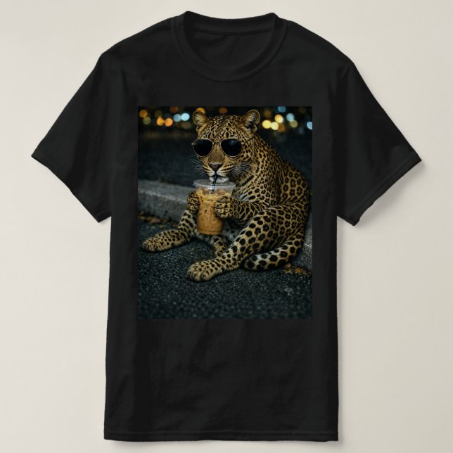 Camiseta Leopardo Cool Con Gafas De Sol Café Helado  (Diseño del anverso)