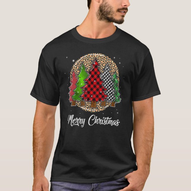 Camiseta Leopardo Merry Christmas Tree Red Green Plaid Pine (Anverso)
