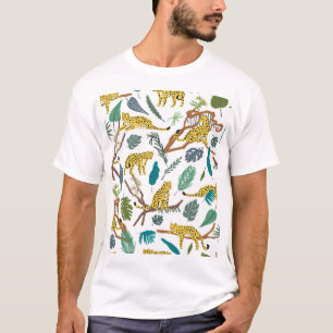 Camiseta Leopardos en la jungla, patrón dibujado a mano.