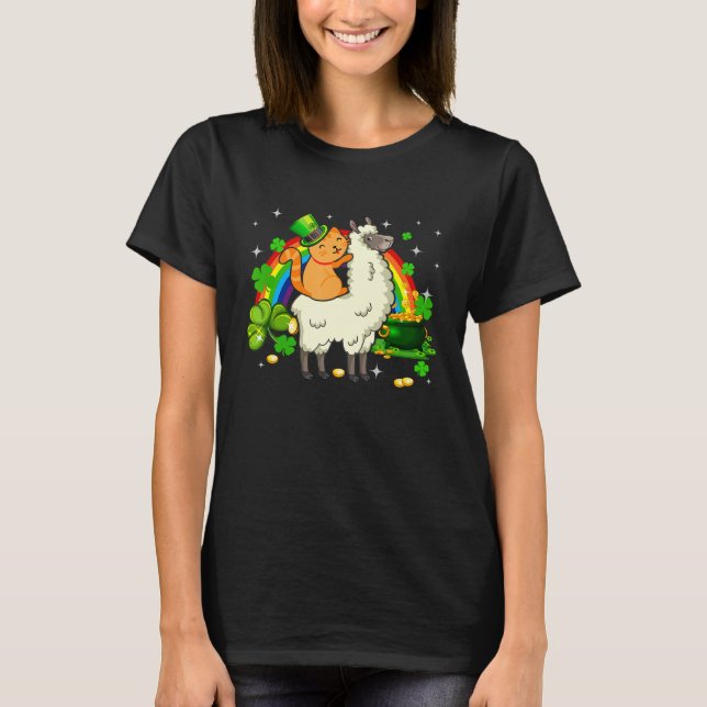 Camiseta Leprechaun Cat Riding Llama Happy St Patricks Day (Anverso)