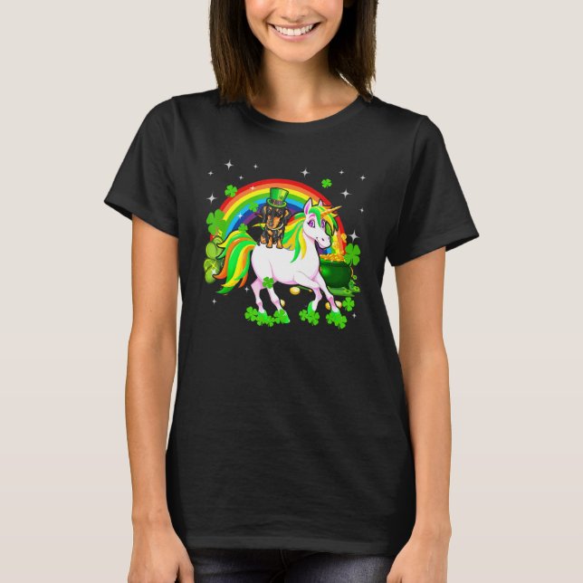 Camiseta Leprechaun Dachshund Montando Unicorn Feliz San Pa (Anverso)