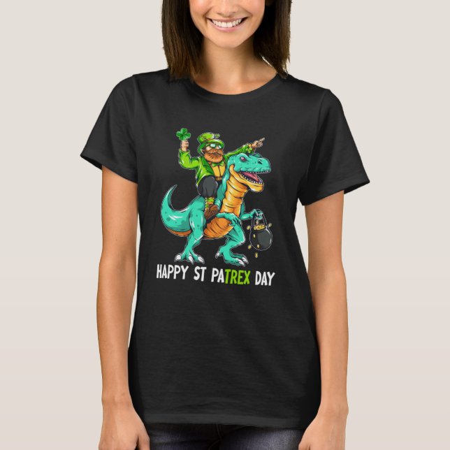 Camiseta Leprechaun Riding Dinosaur Rex Happy St Patrick (Anverso)