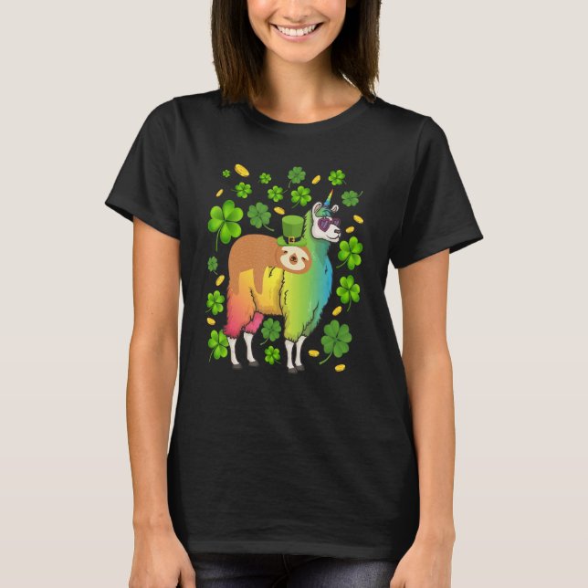 Camiseta Leprechaun Sloth Riding Llama Unicorn St Patricks  (Anverso)