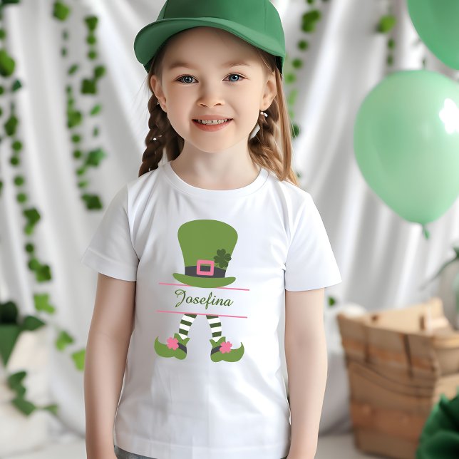 Camiseta Leprechaun verde y rosa personalizado para Chicas (Personalized Green and Pink Leprechaun for Girls T-Shirt)