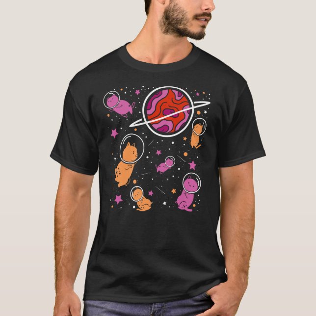 Camiseta Lesbian Cat in Space Orange Pink Lesbian Pride (Anverso)