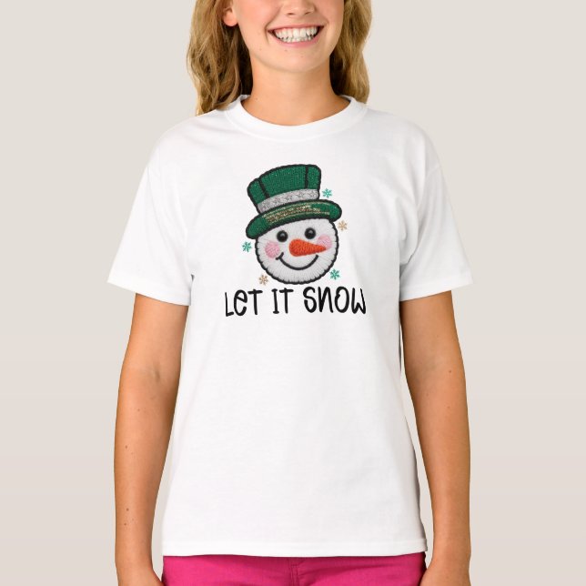 Camiseta Let It Snow, Faux Crochet Snowman (Anverso)