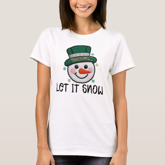 Camiseta Let It Snow, Faux Crochet Snowman (Anverso)