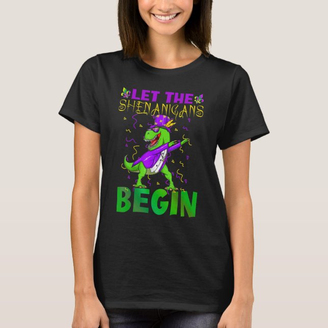 Camiseta Let The Shenanigans Begin Mardi Gras Dinosaur Kids (Anverso)