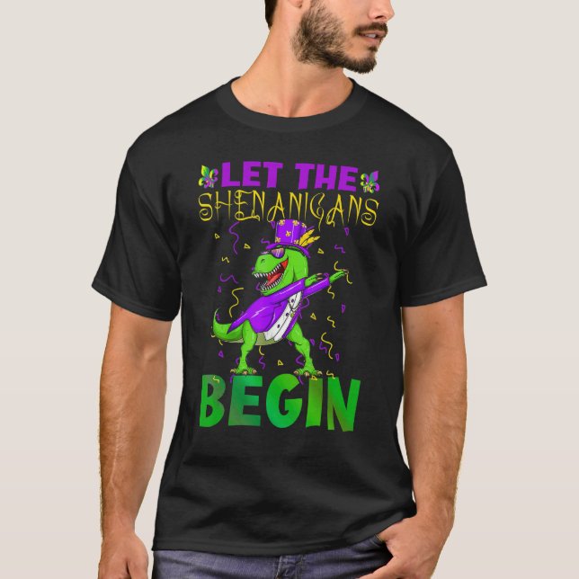 Camiseta Let The Shenanigans Begin Mardi Gras Dinosaur Kids (Anverso)