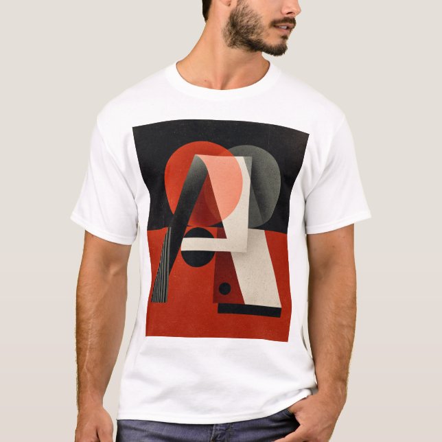 Camiseta Letra A – Geometría Constructivista sobre Rojo Tex (Anverso)