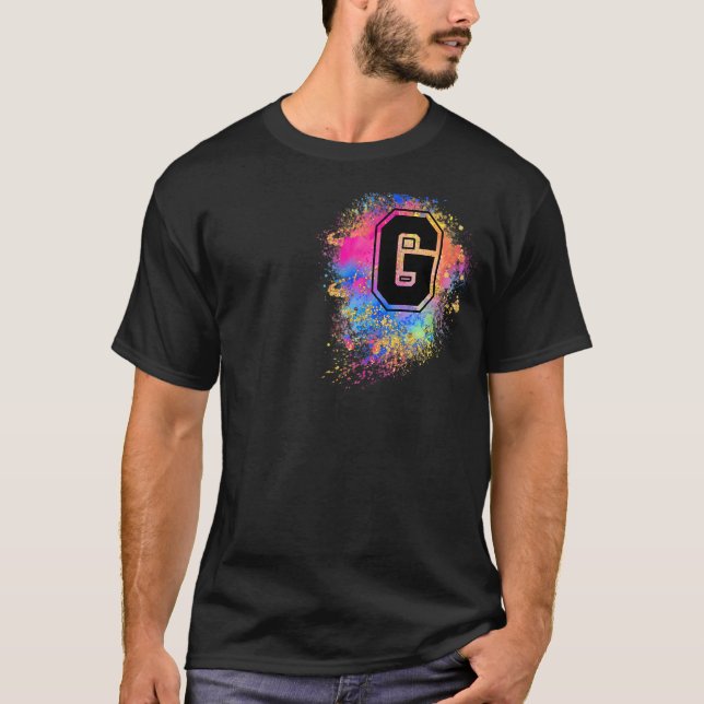 Camiseta Letra arcoiris G rosa color monogramado inicial (Anverso)