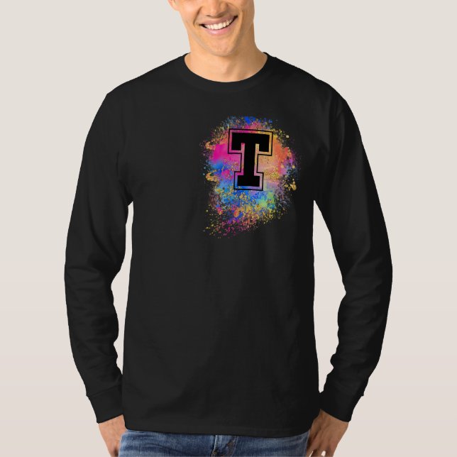 Camiseta Letra arcoiris monogramada inicial rosada colorida (Anverso)