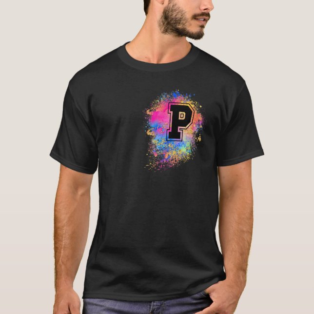 Camiseta Letra arcoiris P rosa rosado colorido monogramado  (Anverso)