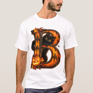 Camiseta Letra B gótica de Halloween de calabaza y gato neg