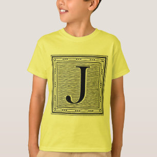 Camiseta Letra de bloque "J" Woodcut Woodblock Inital