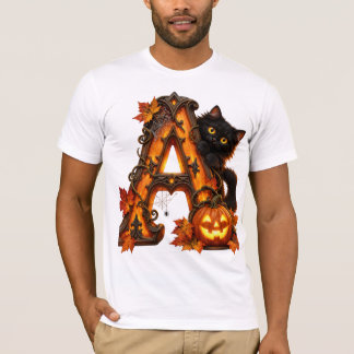 Camiseta Letra Gótica A Calabaza de Halloween y Gato Negro