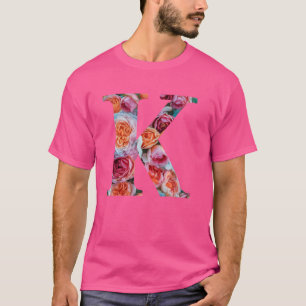 Camiseta letra inicial monograma K color de las flores patr