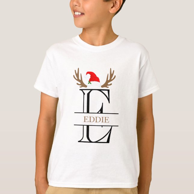 Camiseta Letra inicial personalizada E Antlers de Santa Hat (Anverso)