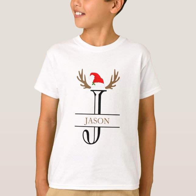 Camiseta Letra inicial personalizada J Santa Hat Antlers (Anverso)