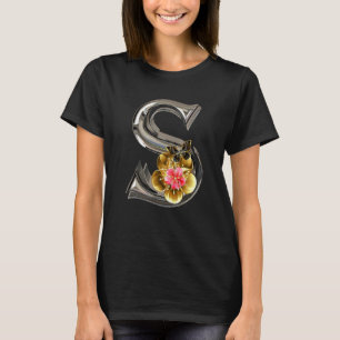 Camiseta Letra inicial S Monograma Flores rosadas de sakura