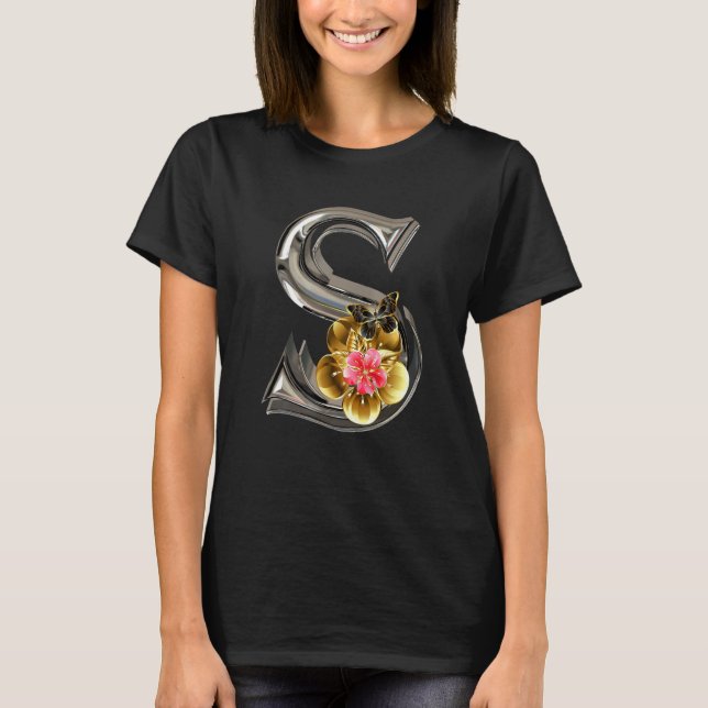 Camiseta Letra inicial S Monograma Flores rosadas de sakura (Anverso)