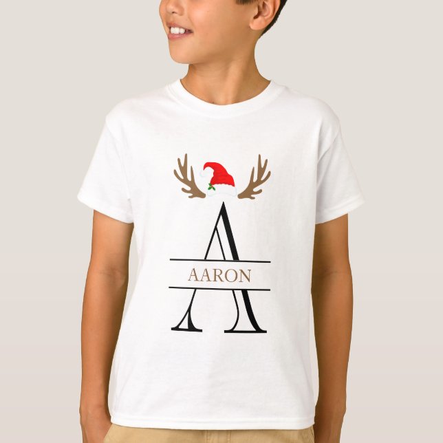 Camiseta Letra monograma A Nombre de Navidad Antlers Santa  (Anverso)