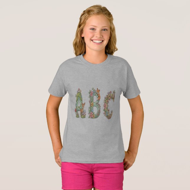 Camiseta Letras caprichosas del bosque ABC con adorables an (Anverso completo)