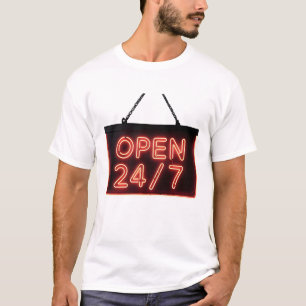 Camiseta Letrero de neón rojo brillante "ABIERTO 24/7" 