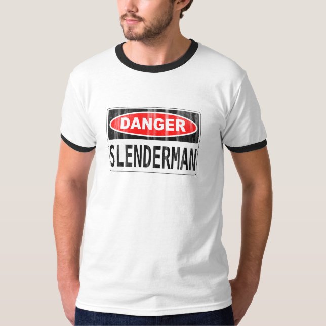 Camiseta Letrero delgado del peligro del hombre (Anverso)