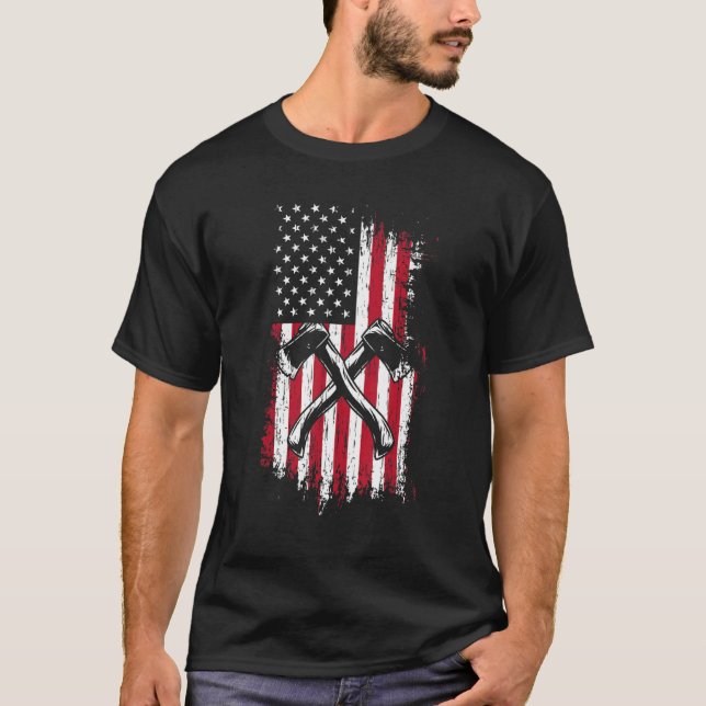 Camiseta Letrero Lumberjack Bandera Estadounidense Ax Rasgo (Anverso)