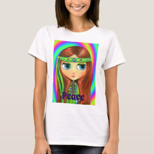 Camiseta Letrero verde hippie Chica de paz seña de cabeza d