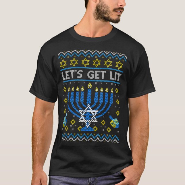 Camiseta Let's Get Lit Funny Jewish Holiday Chanukah Ugly H (Anverso)
